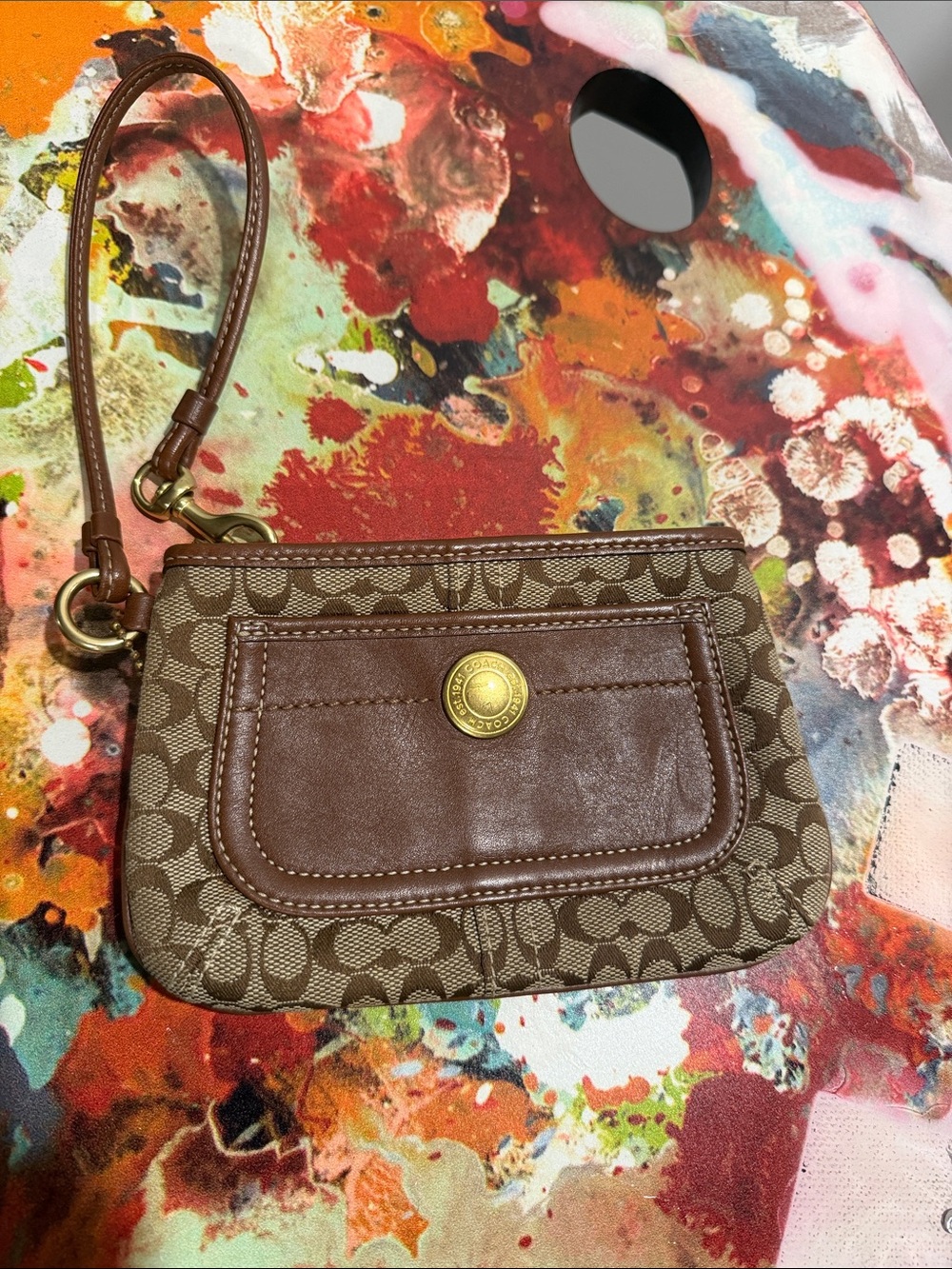Coach Brown Signature Canvas Wristlet with Leather Trim